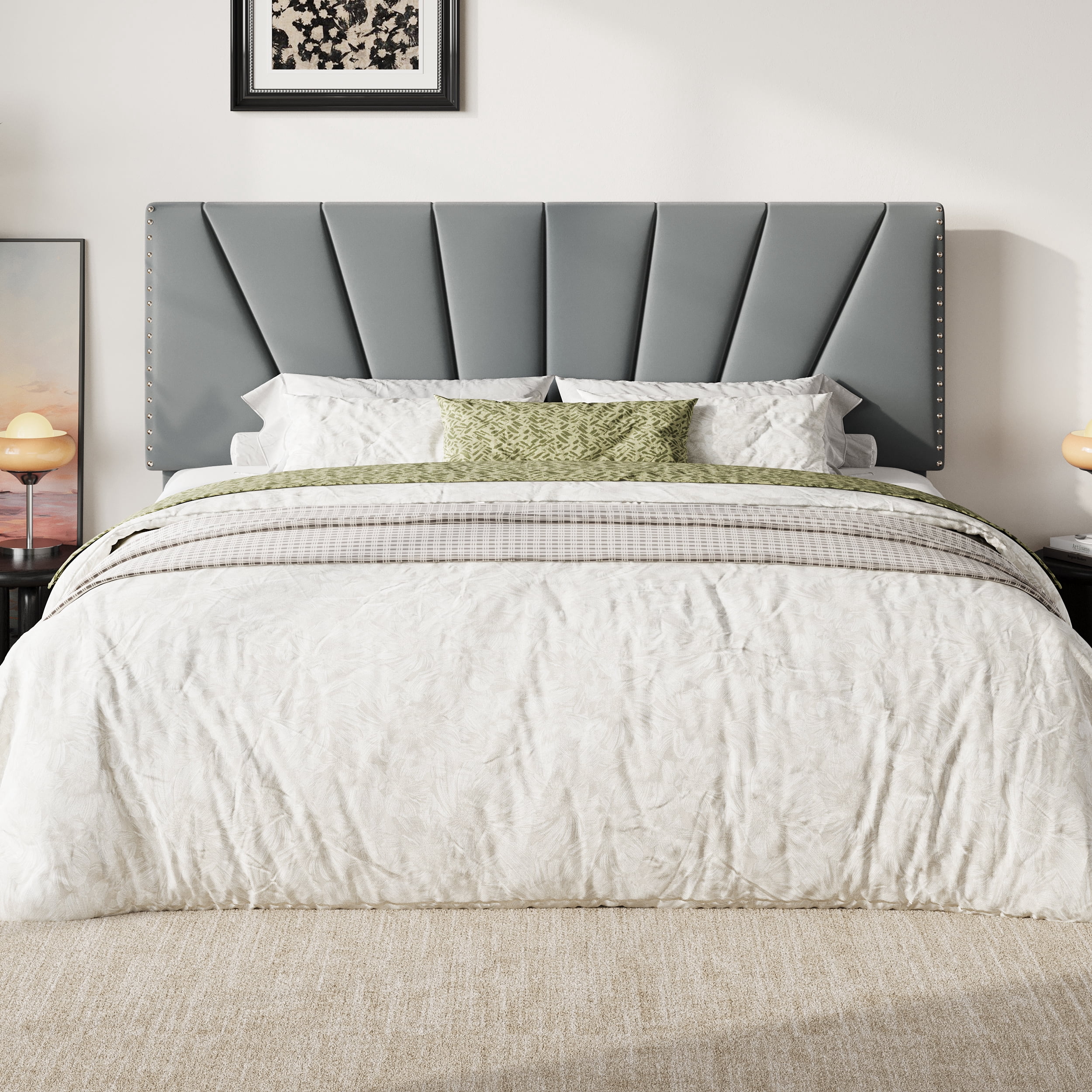 Amolife King Size Platform Bed Frame with Adjustable Velvet Upholstered Headboard, Gray
