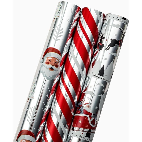 HOMERAL Christmas Wrapping Paper Roll -Red and Silver Gift Wrap with Santa Claus Head, Elk, Snowflakes, Christmas Tree, Sleigh - Perfect for Christmas - 17 X 120 Inch(3 Rolls)
