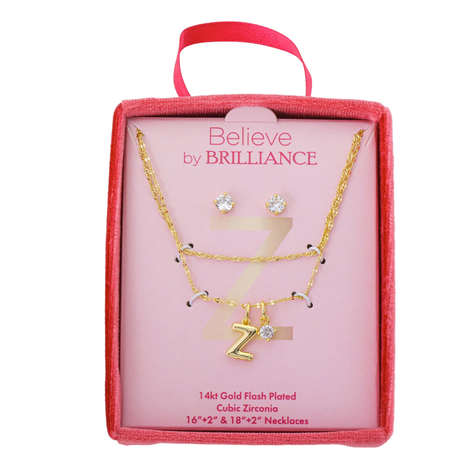 Believe by Brilliance Women's 14Kt Gold Flash Plated Initial Z Slider Charm and Cubic Zirconia Charm Layered Necklace and Stud Earring Set, 16+2"/18+2"