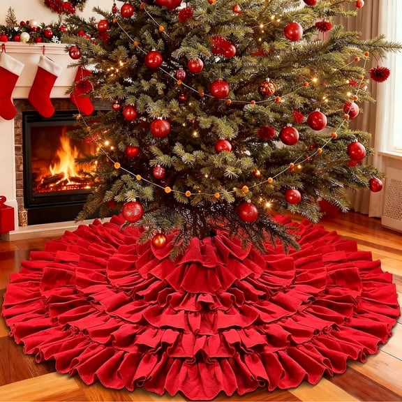 XEAZON Red Ruffle Christmas Tree Skirt Decor, 48 Inches 6-Layer Large Fluffy Poinsettia Tree Skirt for Artificial Trees 6-7 FT, Vintage Rustic Farmhouse Red Christmas Decorations Ornaments Xmas Decor