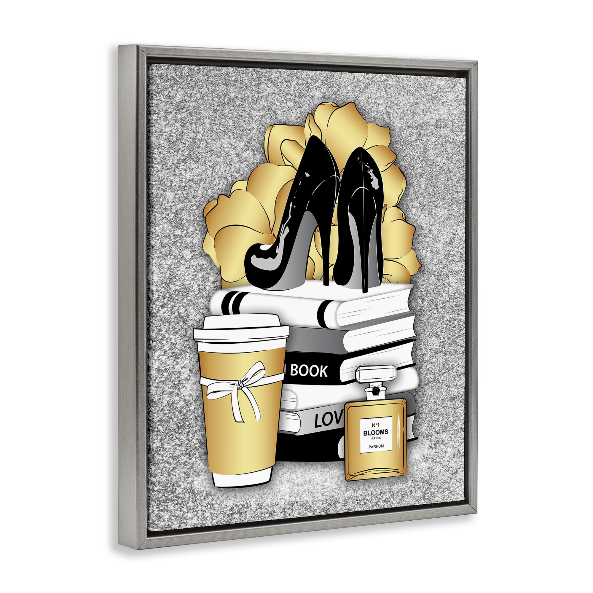 Stupell Industries Gold & Black Glam Books Beauty & Fashion Painting Gray Floater Framed Art Print Wall Art, 17 x 21