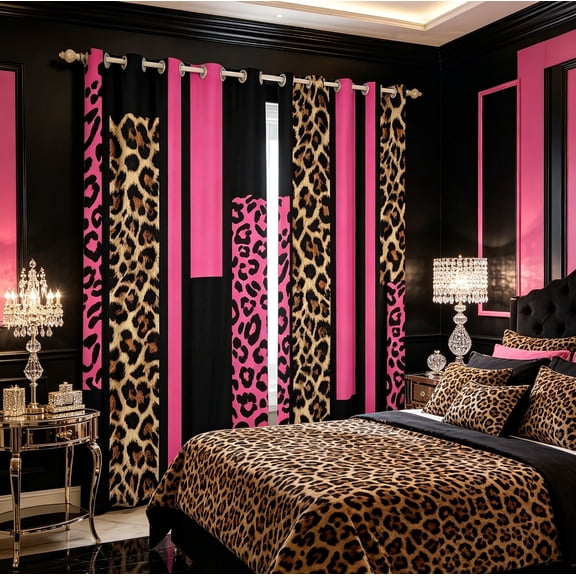 Feelyou Fashion Pink Abstract Blackout Curtains Set of 2 (52x84 Each), Cheetah Leopard Print Window Curtains, Chic Polkadots Curtains and Drapes, Blackout Curtains Room Decor