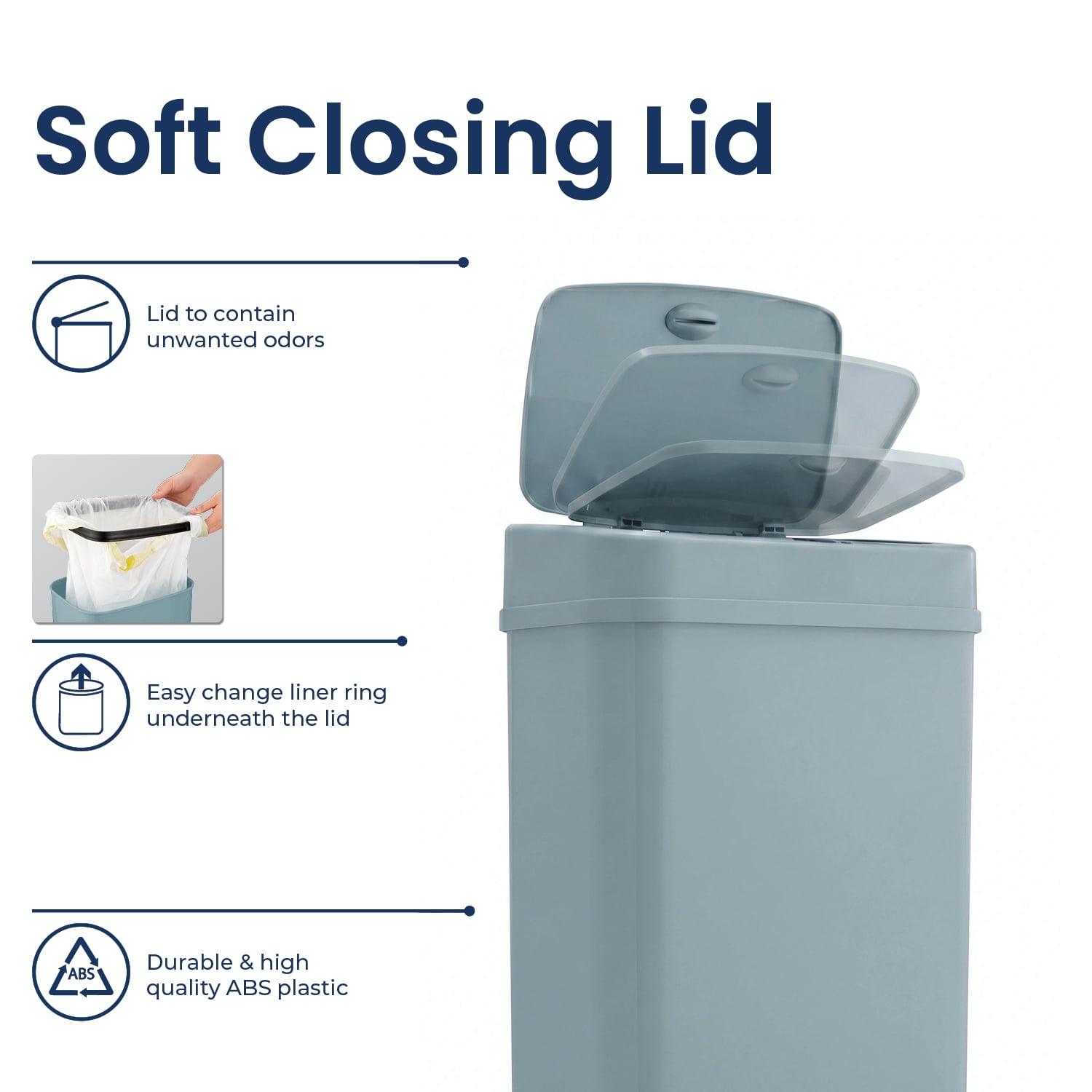 Nine Stars Motion Sensor Automatic Bathroom Trash Can, 3.2 Gallon Plastic, Motion Sensor Soft Close Lid Garbage Bin, Blue Cameo