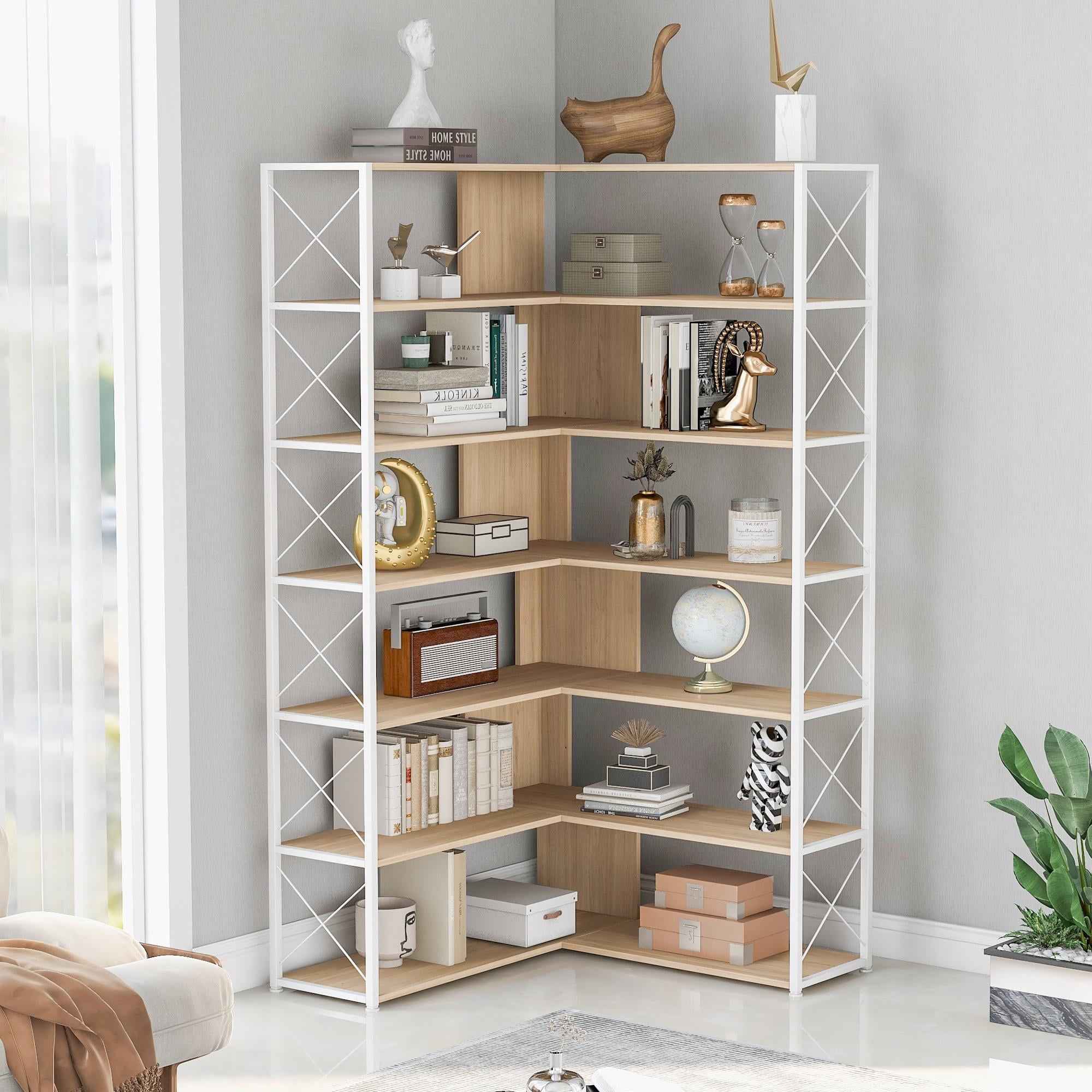 PORKISS 7-Tier Tall Corner Bookshelf, Wood 70.9" L-shaped Corner Bookcase with Metal Frame, Freestanding Open Display Storage Shelf for Living Room, Home Office, Modern Etagere Bookcase, Oak