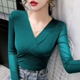 thumbnail image 5 of Women's Monochromatic V-Neck Long Sleeve T-Shirt Spring Clothes Temperament Office Lady Casual Tops Simplicity New Style Fashion, 5 of 5
