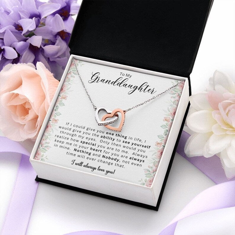 To My Granddaughter Necklace From Grandma, Message Card, Box, for Granddaughter From Grandmother and Grandpa, Graduation, Multi Interlocking Heart Necklace