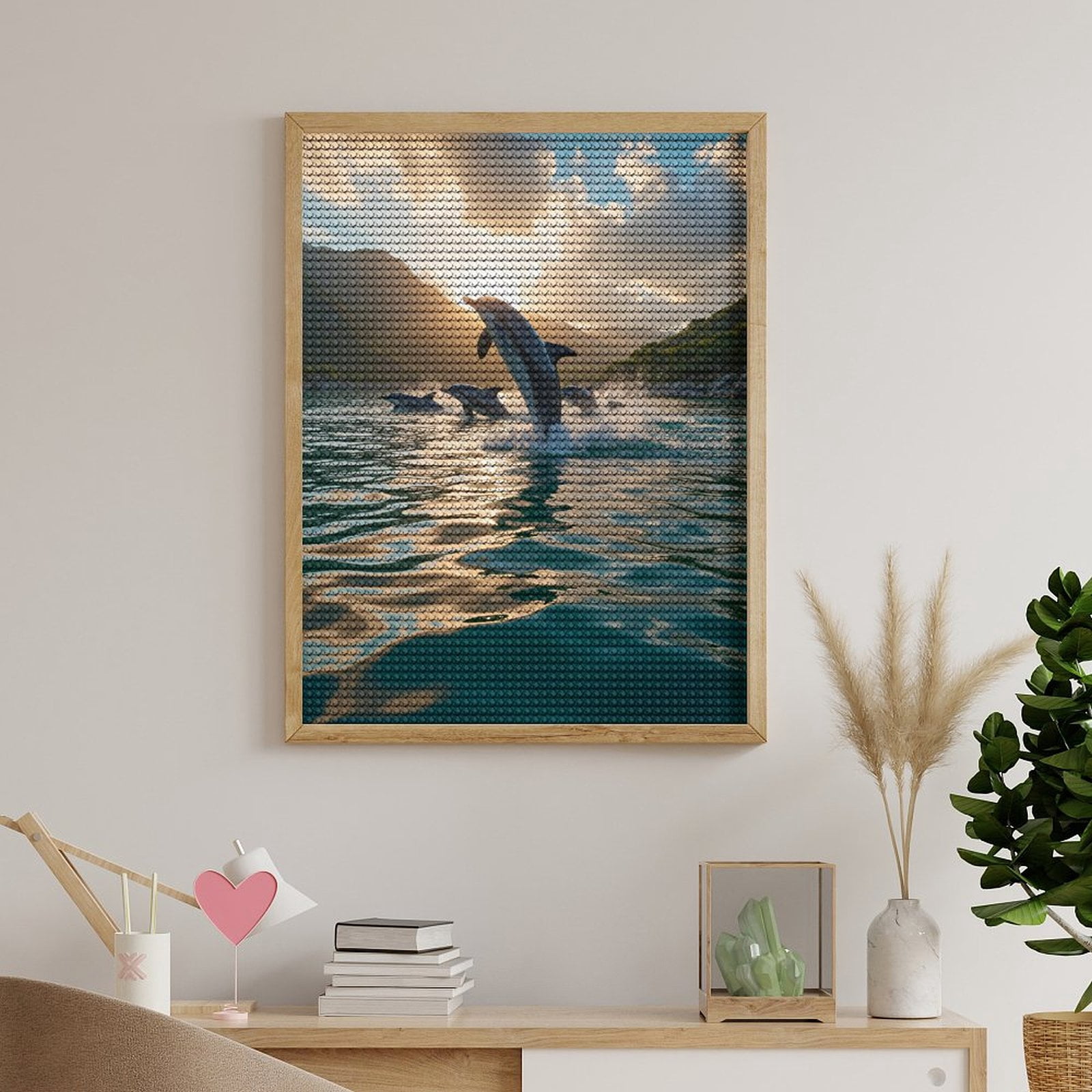 Diamond Art Kits for Adults - Dolphins Sunset Ocean Jumping Scenic 5d Diamond Painting for Adults, Diamond Art for Adults Beginners, Frameless Diamond Painting Kits for Adults for Home Wall Decor