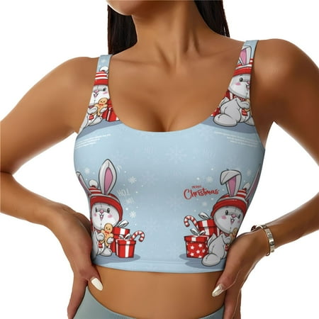 Adobk merry Christmas rabbit Print Sports Bras for Women Longline Workout Crop Tank Tops Padded with Built in Shelf Padded Sports Bra-XX-Large