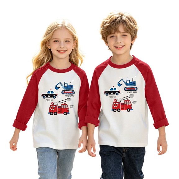 Ruyang Boys Girls Cotton Long Sleeve Shirts Cartoon Print Color Block Casual Tops Kids Classic Crewneck Tees Fall Winter Outfits