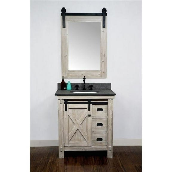 InFurniture WK8530-MG TOP 30 in. Rustic Solid Fir Barn Door Style Single Sink Vanity with Rustic Style Polished Textured Surface Granite Top in Matte Grey, Driftwood - No Faucet - 31 x 34.6 x 22 in.
