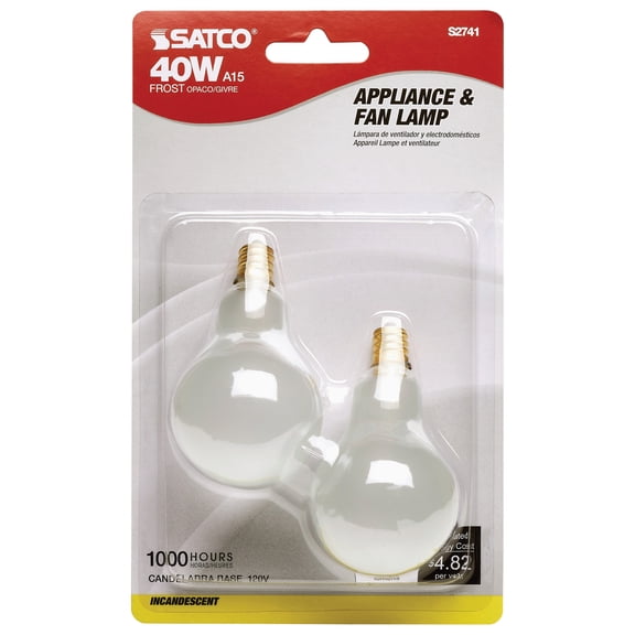 Satco S2741 120V Candelabra Base 40-Watt A15 Light Bulb, Frosted