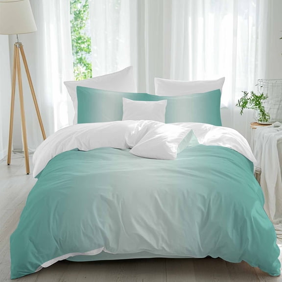 Ombre Comforter Set Twin Size, Teal Green Gradient Soft Bedding Set for Man Woman, 4 Pieces Duvet Cover Set with Flat Sheet, 2 Pillowcases