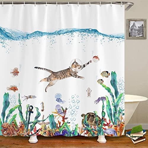 Iguohao Funny Cat Fabric Shower Curtain For Bathroom, Ocean Animal Octopus Starfish Turtle Nautical Anchor Fish Shower Curtain Cute Fun Shower Curtain
