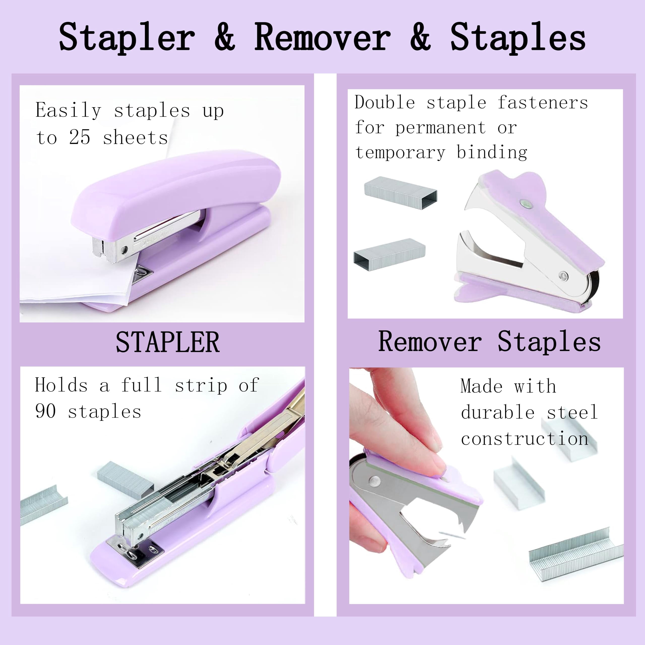 Purple Office Desk Accessories Supplies  12pcs Organizers And With Tape Dispenser Stapler Staples Staple Remover Pen Holder Scissor Ruler Sticky Tabs Ballpoint Clips Set