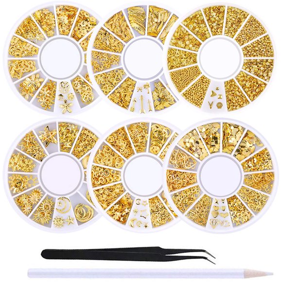 WOKOTO 6 cajas de clavos de metal dorado, diseño de rosa, estrella, luna, pluma, kit de dijes para uñas, decoración de joyas en 3D con 1 pinza y lápiz selector
