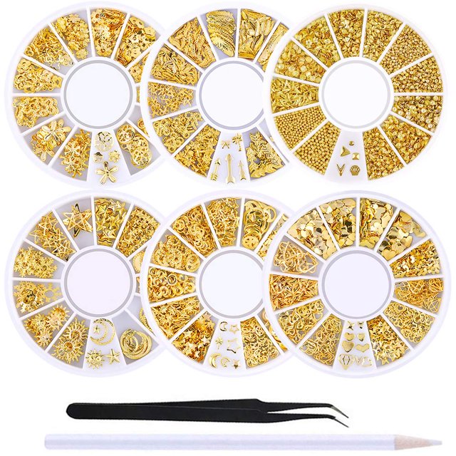 WOKOTO 6 cajas de clavos de metal dorado, diseño de rosa, estrella, luna, pluma, kit de dijes para uñas, decoración de joyas en 3D con 1 pinza y lápiz selector