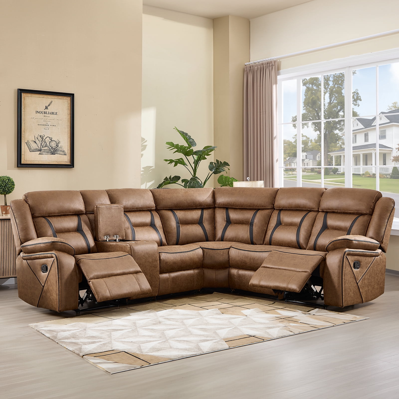 Bonzy Home 5‑Seat Reclining Chair Sofa with Center Console, Hidden Storage & Cup Holders Couch for Living Room & Meeting Room