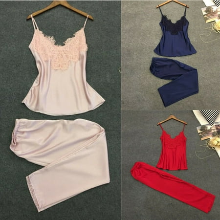 - 2Pcs Sexy Lingerie Women Sleeveless Silk Casual Loose Babydoll Tops Pants Nightgown Sleepwear Regular Size Solid Pajamas Set