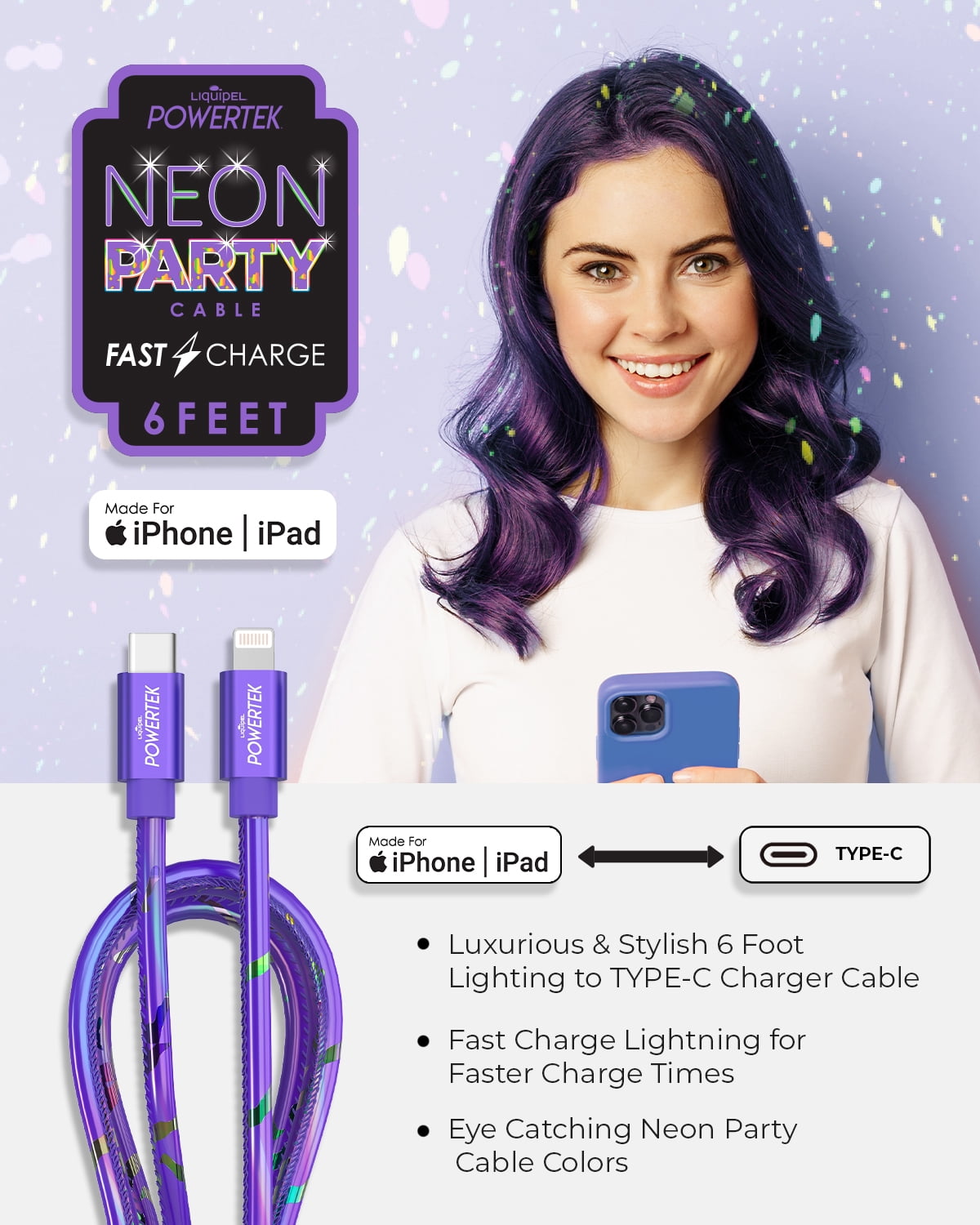 Liquipel Powertek USB C Lightning iPhone Charger Cable [MFI Certified], 6ft Fast Charging, Neon Party