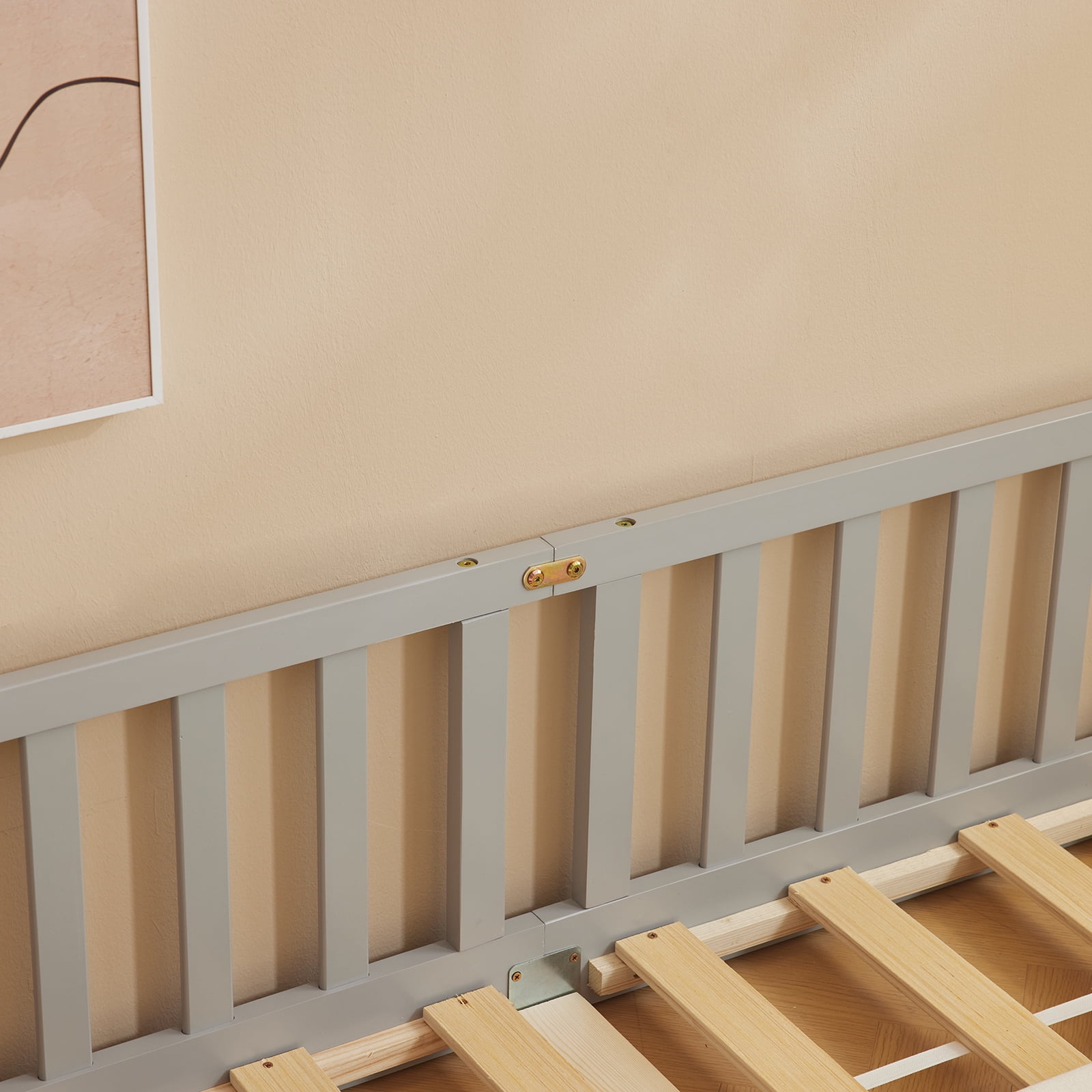 Ktaxon Montessori Full Floor Bed with Safety Guardrails, Wood Bed Frame, Gray