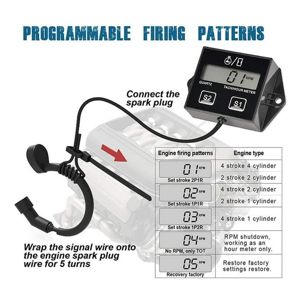 HPDL Digital Engine RPM Tachometer Hour Meter Gauge. For 2 Stroke 4 Engines. and