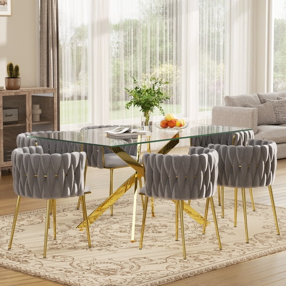 KATBOC Dining Table Set, 51in Rectangular Tempered Glass Dining Table with Crossed Metal Legs & Set of 4/6 Velvet Upholstered Dining Chairs, for Modern Kitchen, Dining Room, Apartment & Home