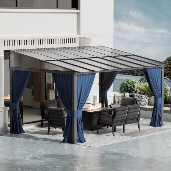 ASJMR 10x14FT Wall Mounted Gazebo with Polycarbonate Roof,Metal Frame Lean to Gazebo With Double Curtains for Garden Lawn Backyard Deck,Navy