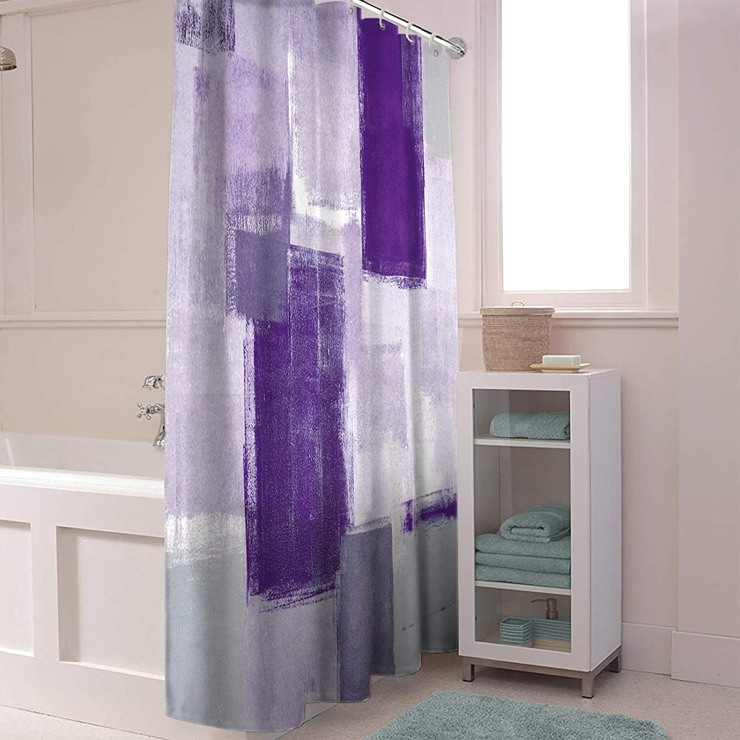 Fabric Shower Curtain for Bathroom, Abstract Geometric Lavender, Custom Shower Curtain Set with Hooks, Luxury Bathroom Curtains, Purple Grey Waterproof Polyester Bathroom Accessories, 72x72inch