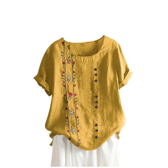 Besolor T-Shirts d'Été en Coton et Lin pour Femmes, Décontractés, Col Rond, Manches Courtes, T-Shirts à Motif Floral, Grande Taille