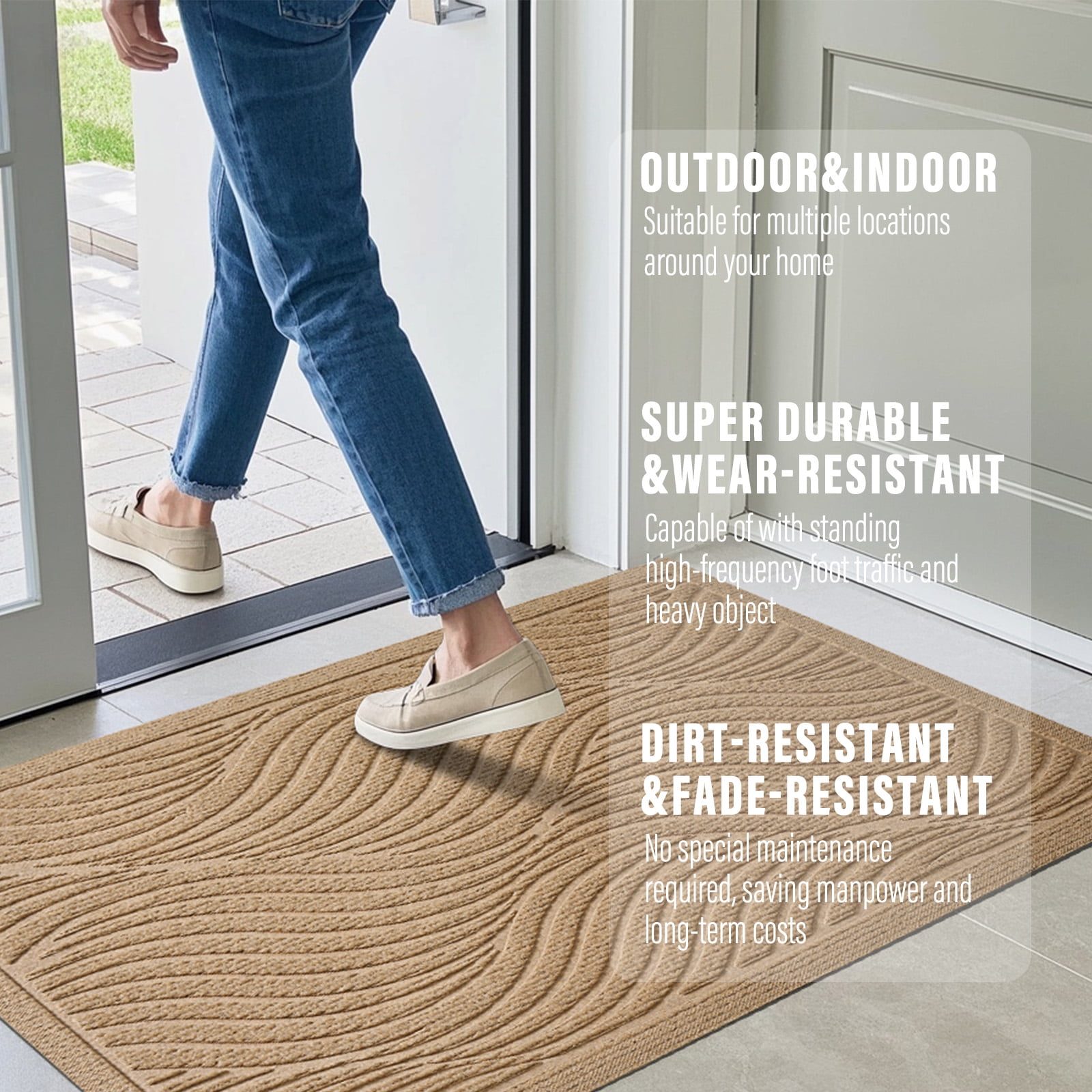 Front Doormat Non Slip Outdoor Mat 24"x36", Dirt Trapper TPE Welcome Mats Outdoor Indoor Rug, Durable Easy Clean Low Profile Doormat for Garage Entryway Patio High Traffic Areas,Beige