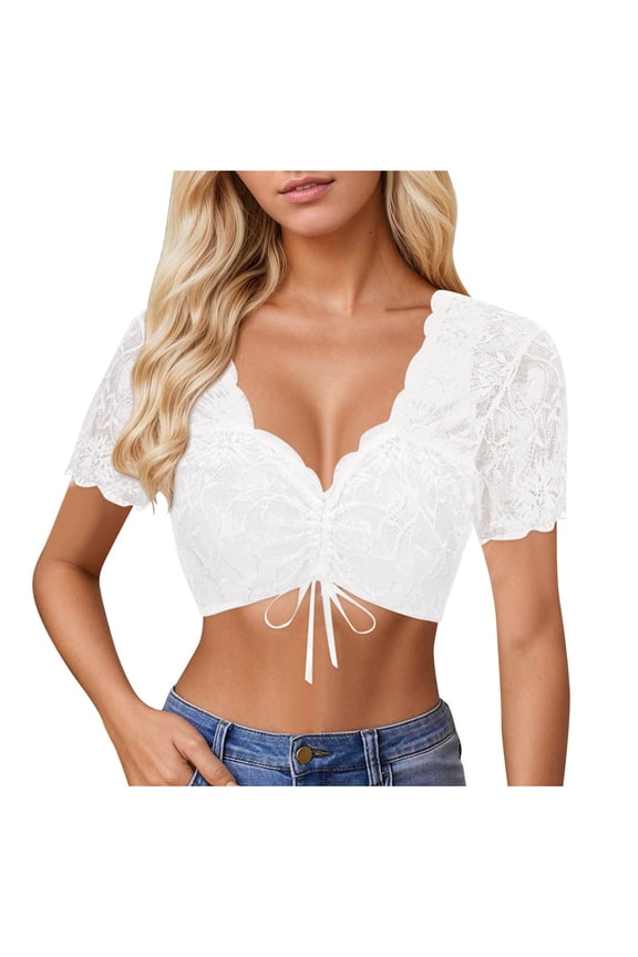 Short Sleeve Lace Overpiece Women Sheer Scalloped Edge Lace Mini Crop Top Drawstring Front Ruched Comfort Dirndl Inner Top for Oktoberfest Festival Gathering