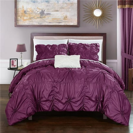 Purple And White Duvet Cover Chic Home DS2249-US 4 Piece Monet Floral Pinch Pleat Ruffled Designer Embellished Queen Duvet Cover Set, Purple ()