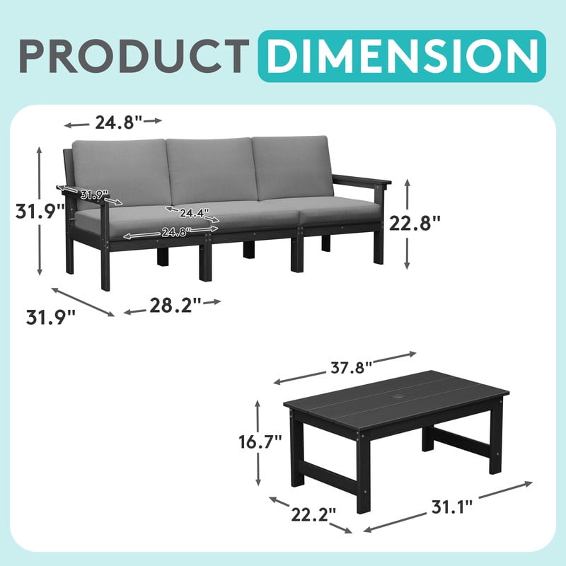 FUNDAZE Oversized HDPE Patio Furniture Sets, 3-Seater with a coffee table Outdoor Conversation Set | For Patio, Poolside, Backyard Use, Black Frame with Gray Cushion
