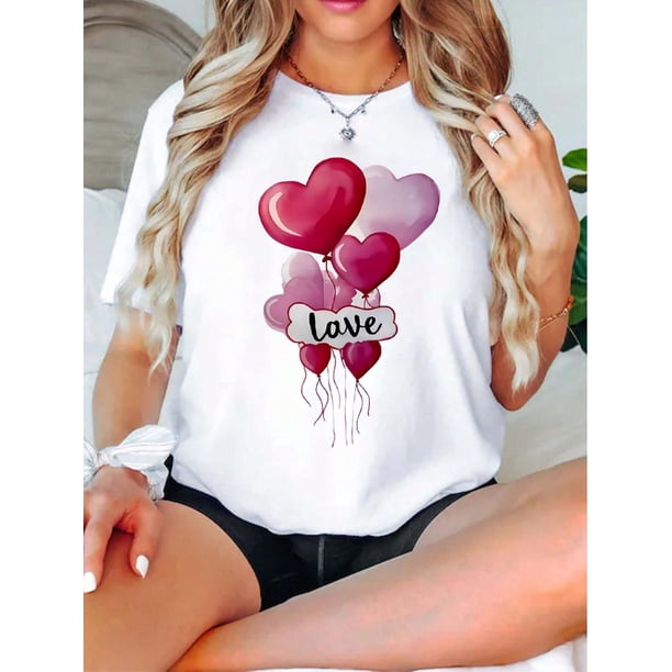 Valentine's Day Theme Printed Women's T-Shirt, Women's Valentine's Day Gift Casual, Fashionable, Comfortable, Soft, Athletic, Fitness, Daily, Outdoor, Home, Breathable, Crewneck Short Sleeve T-Shirt