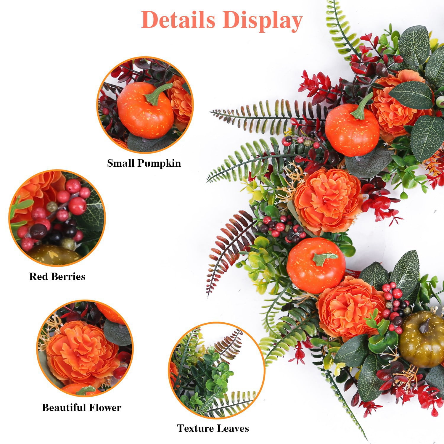 17.71 Inch Fall Artificial Wreath, PE Autumn Wreath with Pumpkins Berries and Leaves, Seasonal Hanging Ornament for Front Door Wall Window Thanksgiving Halloween Decor