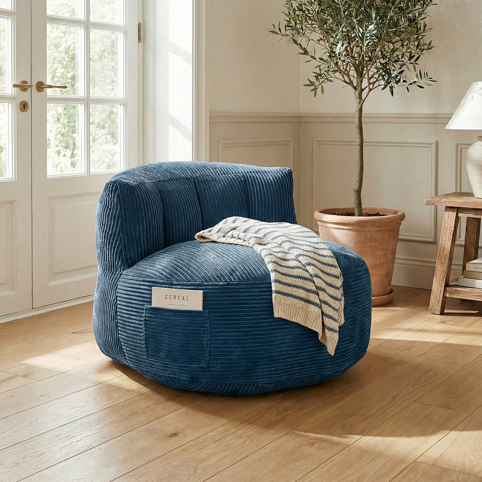 TOPCHANCES Large Bean Bag Chair for Adults, Crushed Foam Floor Chair with Storage Pocket & Carry Handle,  Indoor Lazy Lounger Sofa for Living Room Bedroom, Sea Blue