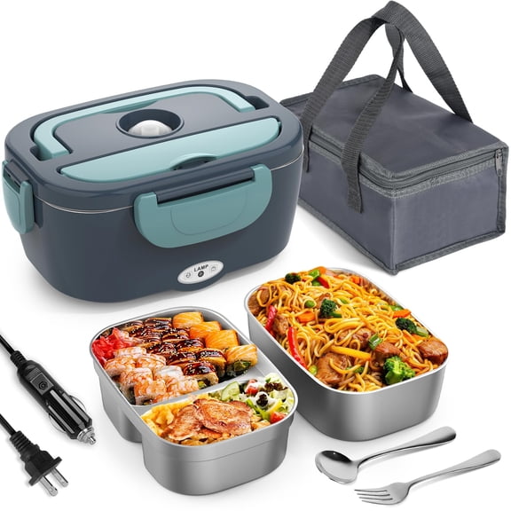 Electric Lunch Box Food Heater, 90W Portable Warmer for Car Truck Work with 304 Stainless Steel Container, 12V/24V/110V Green Heated Lunch Box Suitable for Ideal Driver/Work/Gift