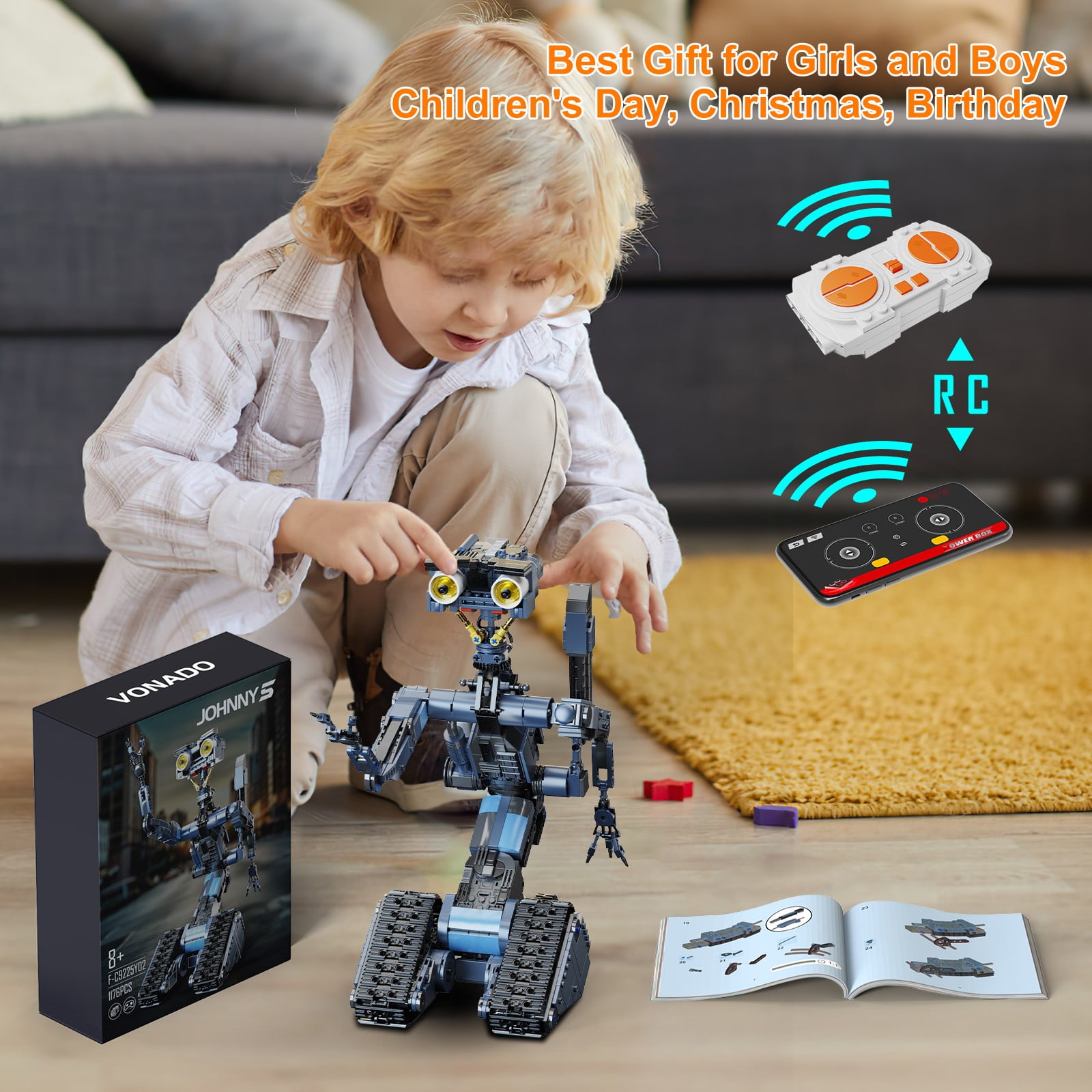 Johnny 5 RC Robot Model Toys, Johnny 5 Robot Building Block Set Compatible for Lego, Stem Educational Gift Set for Age 6 7 8 9 10 11 12+ Boys Girls(1176 Pcs)