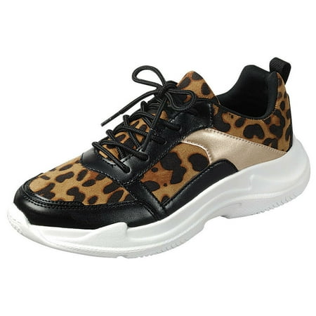 Women Fashion Low Top Sneakers With Leopard Pattern Lace Up Shoes Black