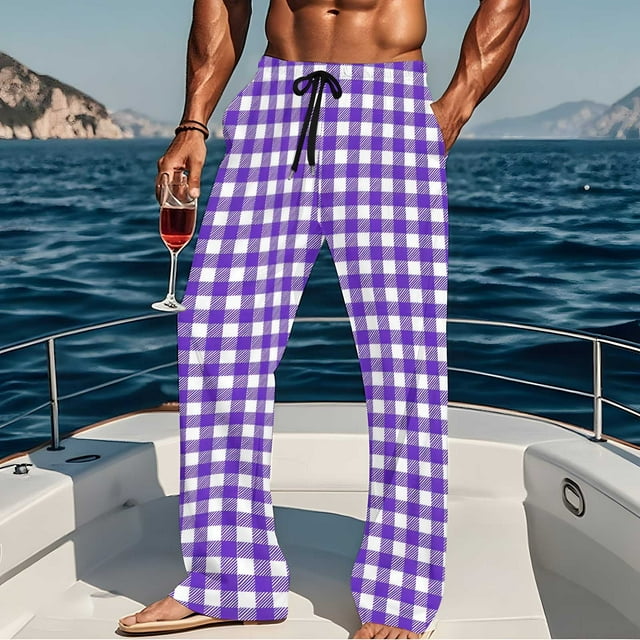 Pantalones de pijama largos para hombre, informales, con estampado a cuadros, holgados, deportivos, elásticos, rectos, vintage, con bolsillos