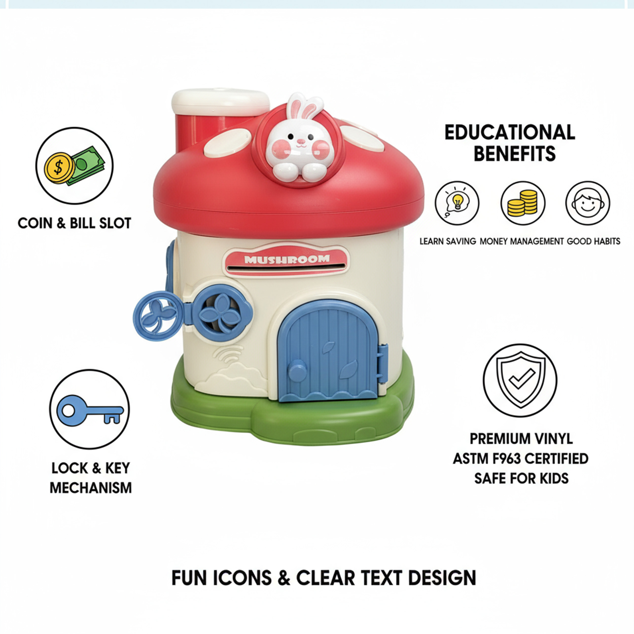 Mushroom House Piggy Bank with Lock and 2 Keys – Cute Coin Bank for Kids, Decorative Savings Money Box