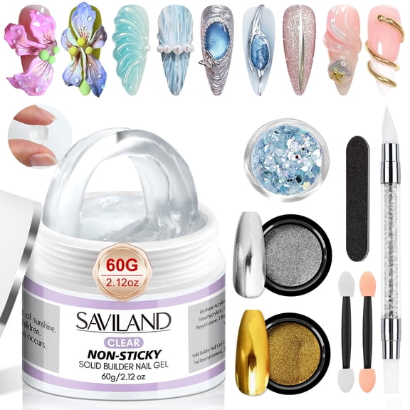 SAVILAND Solid Builder Nail Gel - 60g Non-Sticky 3D Nail Gels Sculpting Gel with Sequins Chrome Powder for Nail Art Carving Glue Extension