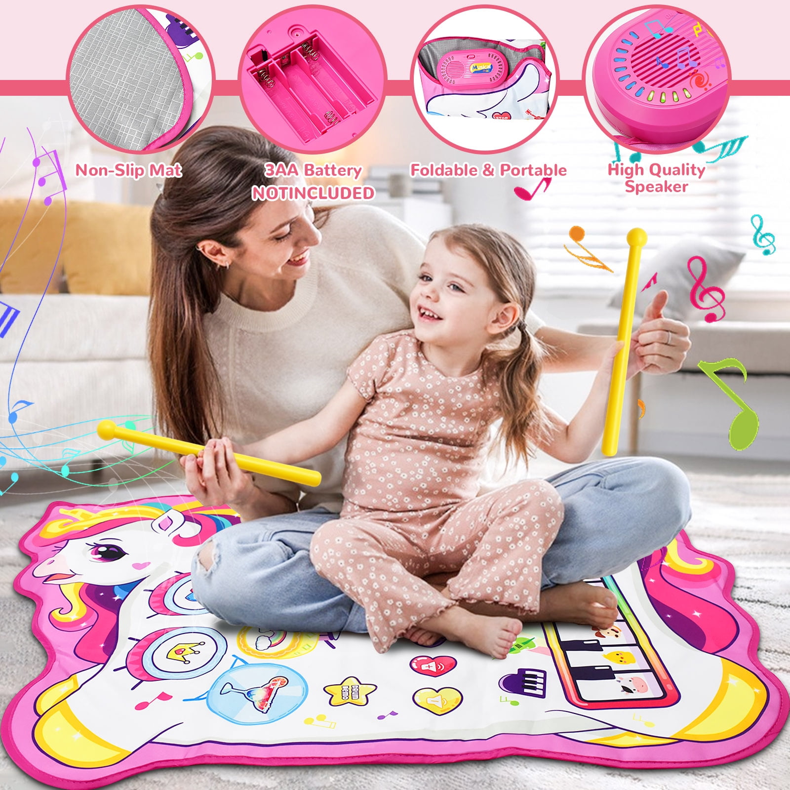 Yiomxhi 3-in-1 Unicorn Musical Mat, Piano Drum Play Mat Unicorn Gifts for 1 2 3 Year Old Girls, Sensory Early Educational Musical Learning Toys for Baby Boys, Birthday Gift for Toddlers 1-5 Years Old