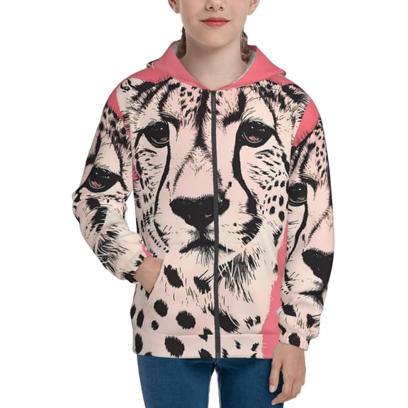 Xecao Pink Cheetah Art Pattern Zip Up Hoodies for Boys Girls, Sweatshirt with Pockets-Small