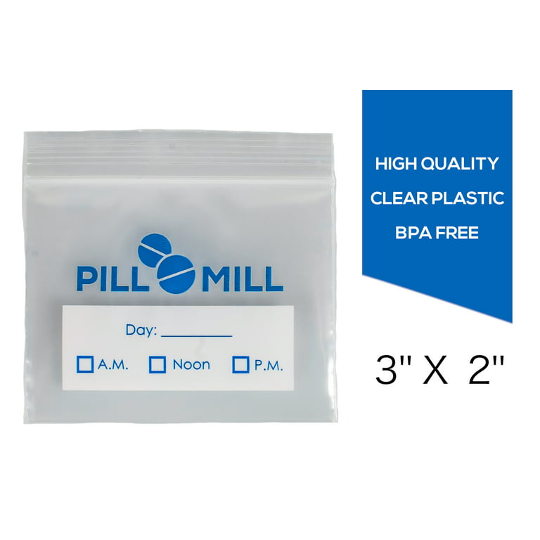 Pill Mill Pill Bag Count - Size 3 inch x 2 inch 3 Mil Plastic Pill Organizer Bags Small Pocket Pill Baggies Travel Pill Pouch Daily Am PM Medicine