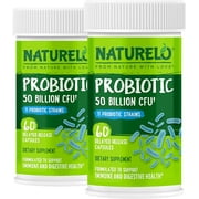(2 pack) NATURELO Probiotics for Digestive Health - 50 Billion CFU, 11 Strains, Daily Use Supplement - Boosts Immune System, Delayed Release, No-Fridge, 60 Vegetarian Capsules