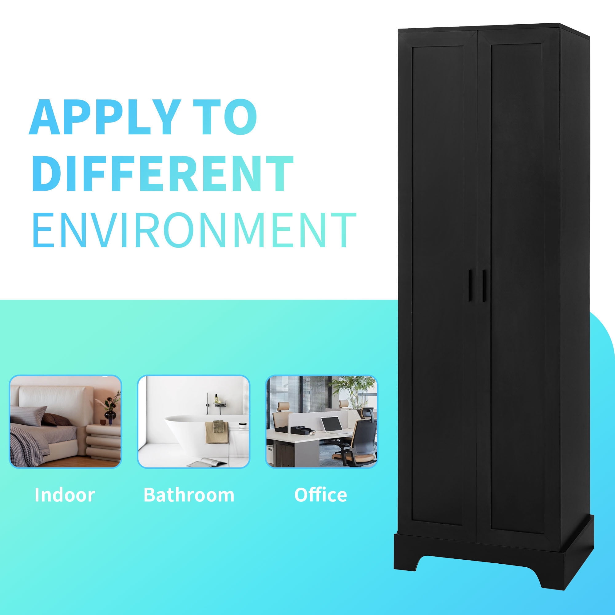 S-HOME Black Storage Cabinet with Two Doors, Adjustable Shelf and Durable MDF Board for Bathroom or Office Organization