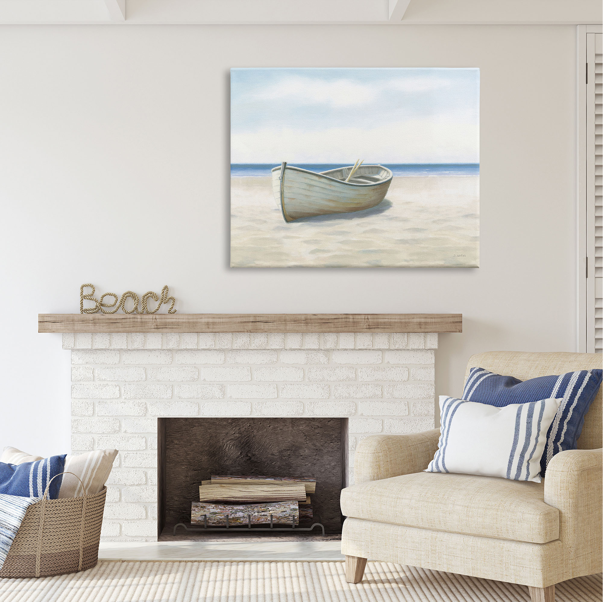 Stupell Industries Boat on Coast Painting Nature Painting Gallery Wrapped Canvas Print Wall Art, 48 x 36