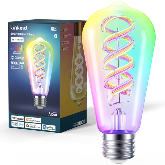 Linkind ST19 E26 Smart Bulb, 3D Spiral Filament WiFi Light Bulb, 16M Colors & Tunable White 1800K-6500K, 800LM, Matter Compatible, Works with Apple Home, Alexa & Google Home
