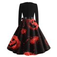 thumbnail image 4 of Halloween Dresses for Women Castle Printed Long Sleeve Fall Swing Dress Bat Cocktail V-Neck Classic Tea Length Dress with Belt M, 4 of 7